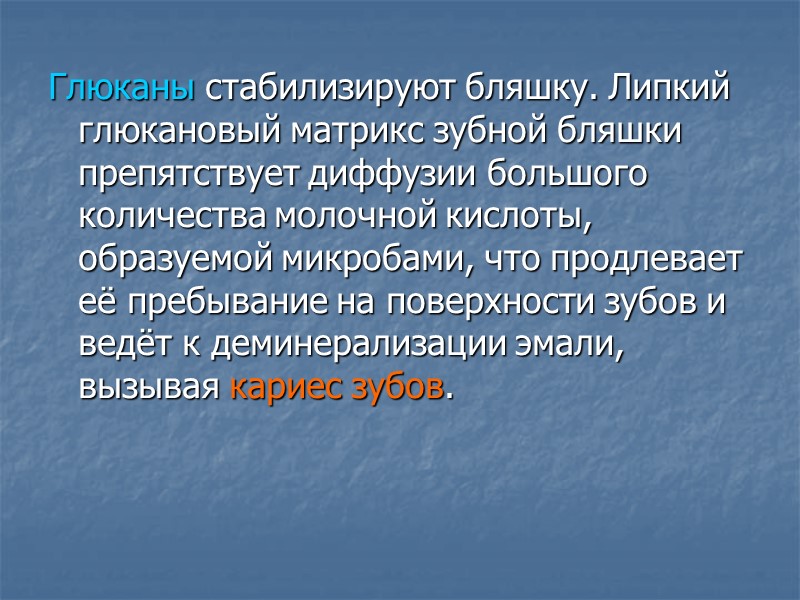 Глюканы стабилизируют бляшку. Липкий глюкановый матрикс зубной бляшки препятствует диффузии большого количества молочной кислоты,